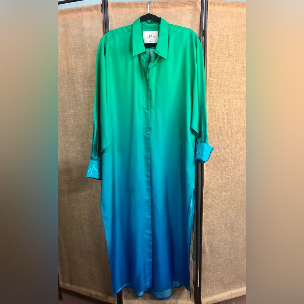 DMN Paris Green Ombre Maxi Dress Luxurious Silk Blend One Size Side Slits